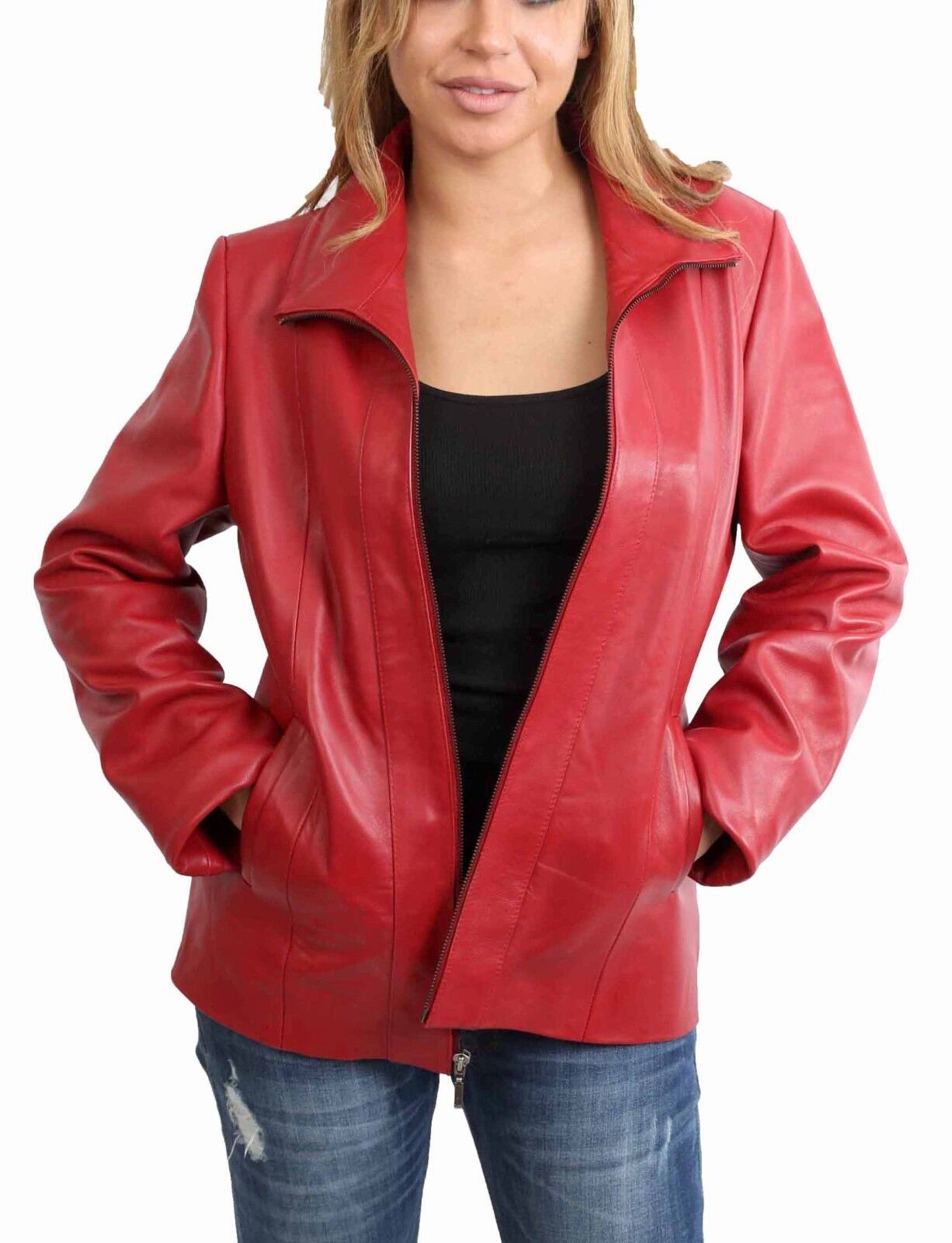 Women's Red Leather Jacket Slim Fit Classic Daily Use Causal Zip Up