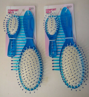 Comfort Hold Hair Brush Set (2) Blue W/Travel Brush Comb Detangle/Style Beauty