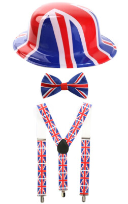UNION JACK BOWLER HUT, FLIEGE & HOSENTRÄGER HOSENTRÄGER VE DAY PARTY KOSTÜM