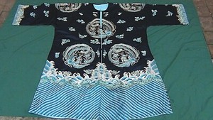 ANTIQUE CHINESE 8 GOLD PHOENIX SILK EMBROIDERED ROBE ON BLACK BACKGROUND 48"x646