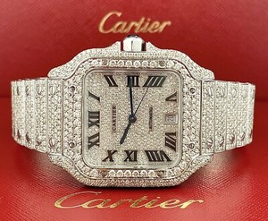Cartier Santos Men's 40mm Large Model Steel Watch Roman Iced Out 20ct  Diamonds | eBay