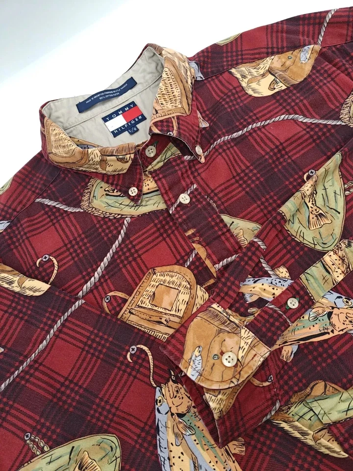 🇺🇲 Vtg Tommy Hilfiger Mens L 16.5x33 Cotton Button Down Shirt Red Plaid - Image 2 of 4