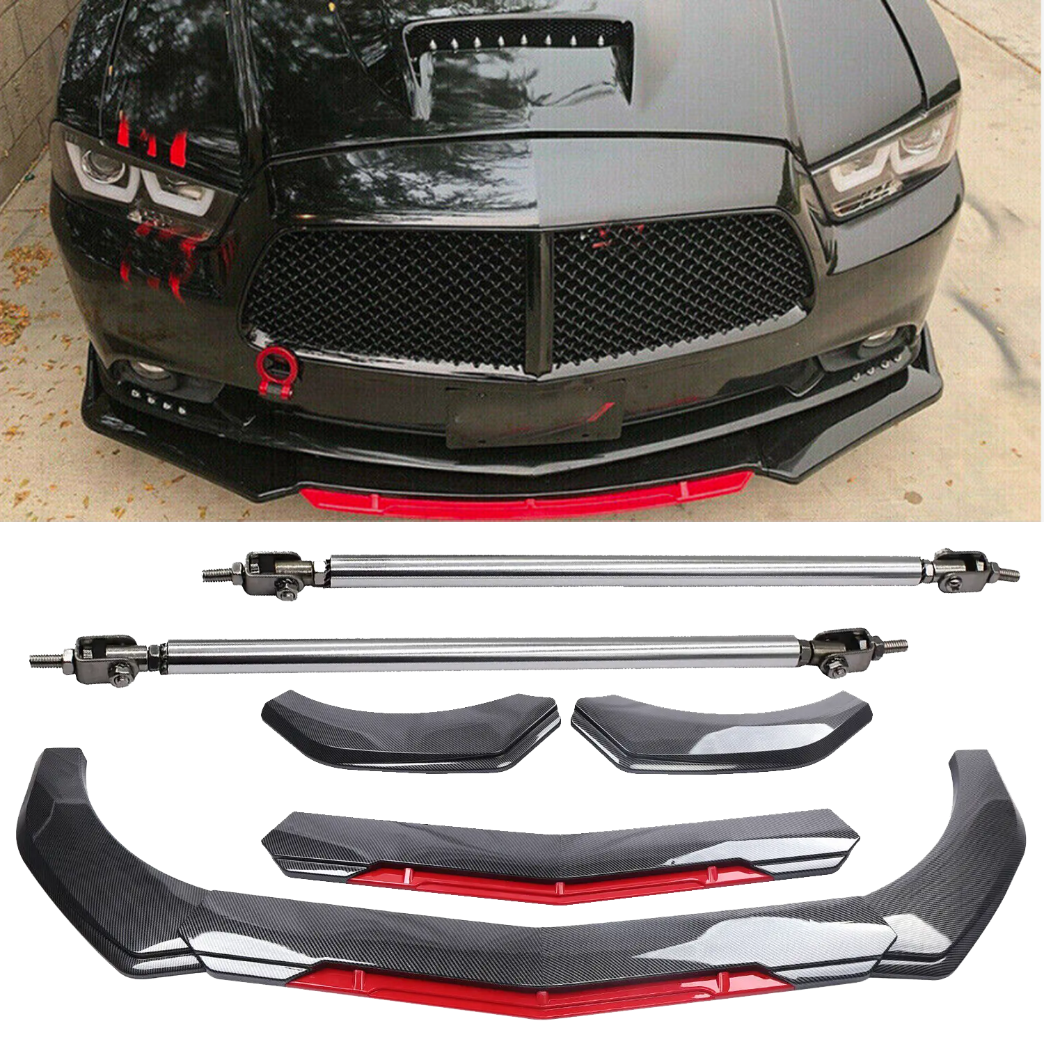 Dodge Charger Front Bumper Lip Splitter Strut Rod Carbon Fiber Spoiler