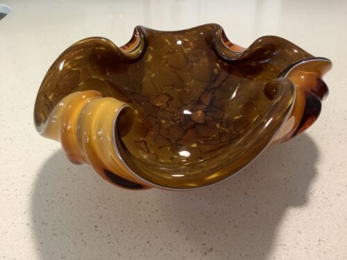 VINTAGE SOLID MURANO GLASS AUTUMN COLOURED WITH SPECKLED GOLD FREE FORM BOWL - Picture 1 of 15