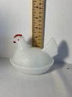 Milk glass White small glass hen on a nest covered candy dish red accents 4”