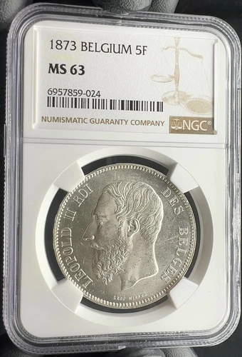 1873 Belgium 5 Francs Silver NGC MS63 Uncirculated - Frosty Fresh Great Luster!