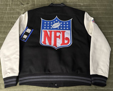 NFL Varsity Bomber Jacket   Men  s Black Body Leather White Sleeves S   160 NWT
