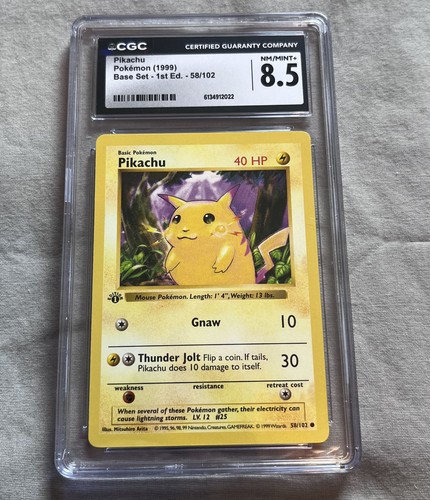 PIKACHU 1st Edition Base Set Shadowless Pokemon Card 58 Yellow Cheeks CGC 8.5