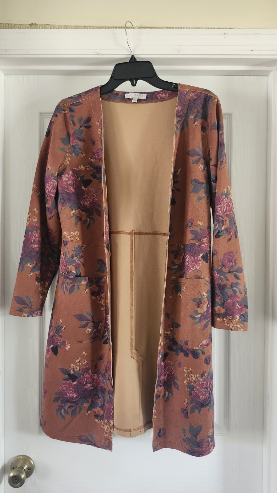 Solitaire Ravi Khosla Floral Faux Suede Duster Cardigan Jacket Boho Open Front