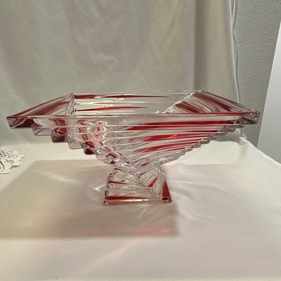 Clear Red Swirl Square Glass Pedestal Compote Bowl Decorative Centerpiece 11''