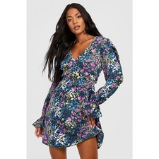 Boohoo Tall Floral V Neck Ruffle Skatee Dress in Navy Size 10 (US) NWT