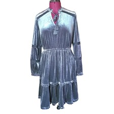 Kate & Sam Gray Velvey Tiered Dress Tie Neck Heavy Womens Size L Metallic Tags