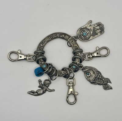 Vintage Southwest Design Silver Charm Key Chain Holder Turquoise Accents