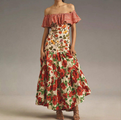 Elegant Red Boho Floral Fruit Print Off-Shoulder Maxi Dress