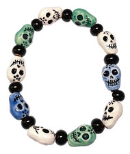 Skull Bracelet, Elastic, Ten 13 mm Skull Beads, Hand Painted, Peru, 7 Inches