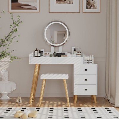 Dressing Table with LED Lights Glass Top Dressing Table with Extendable Side T
