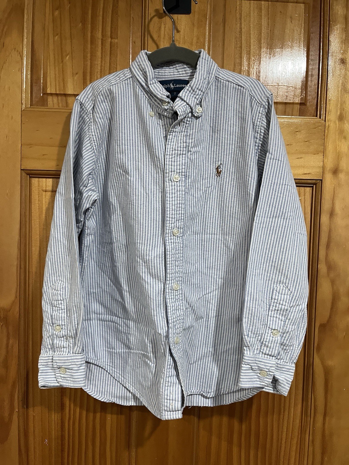 Camicia vintage bambino Ralph Lauren blu e bianca con bottoni cotone scuola pony