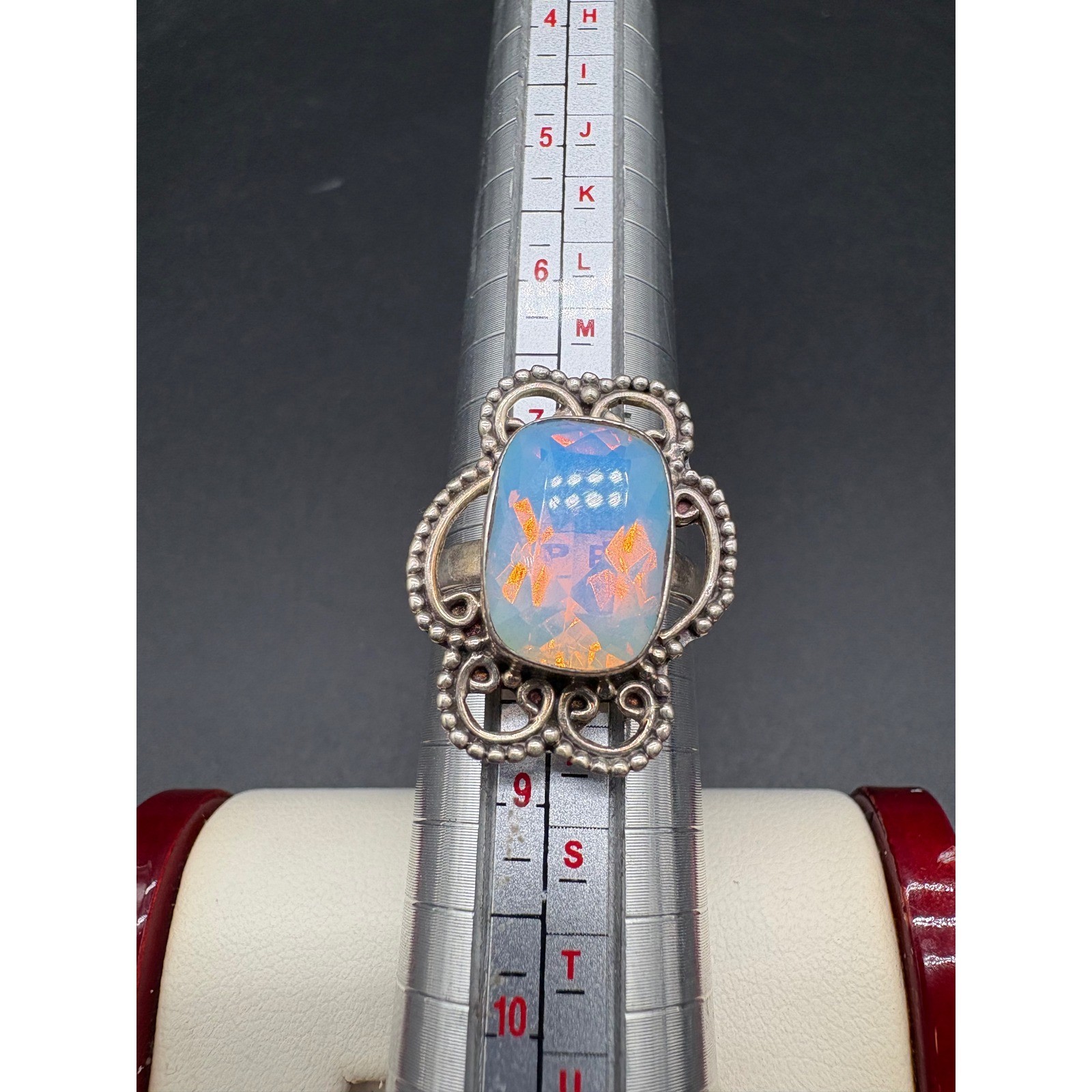 Sterling Silver Opalite Statement Ring Ornate Fil… - image 2