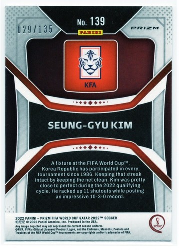 Seung-gyu Kim 2022 Panini Prizm Coupe du Monde Qatar Bleu au Choix /135 Corée #139 - Photo 2 sur 2