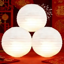 3PCS White Paper Lanterns 12Inch Japanese Chinese Lanterns Round with Led Lig