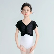 Girls Ballet Dance Top Chest Pleated Fly Short Sleeve Smock Tops Dance Costumes
