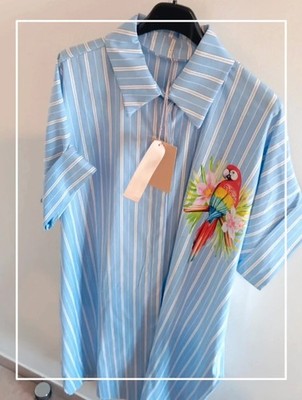 Kleid lang gestreift blau Papagei Trend Baumwolle Knopfleiste Gr. L XL