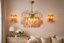 Lustre Murano Vintage 1970 + 2 Appliques pampille rose Verre Feuille Ambré 60cm