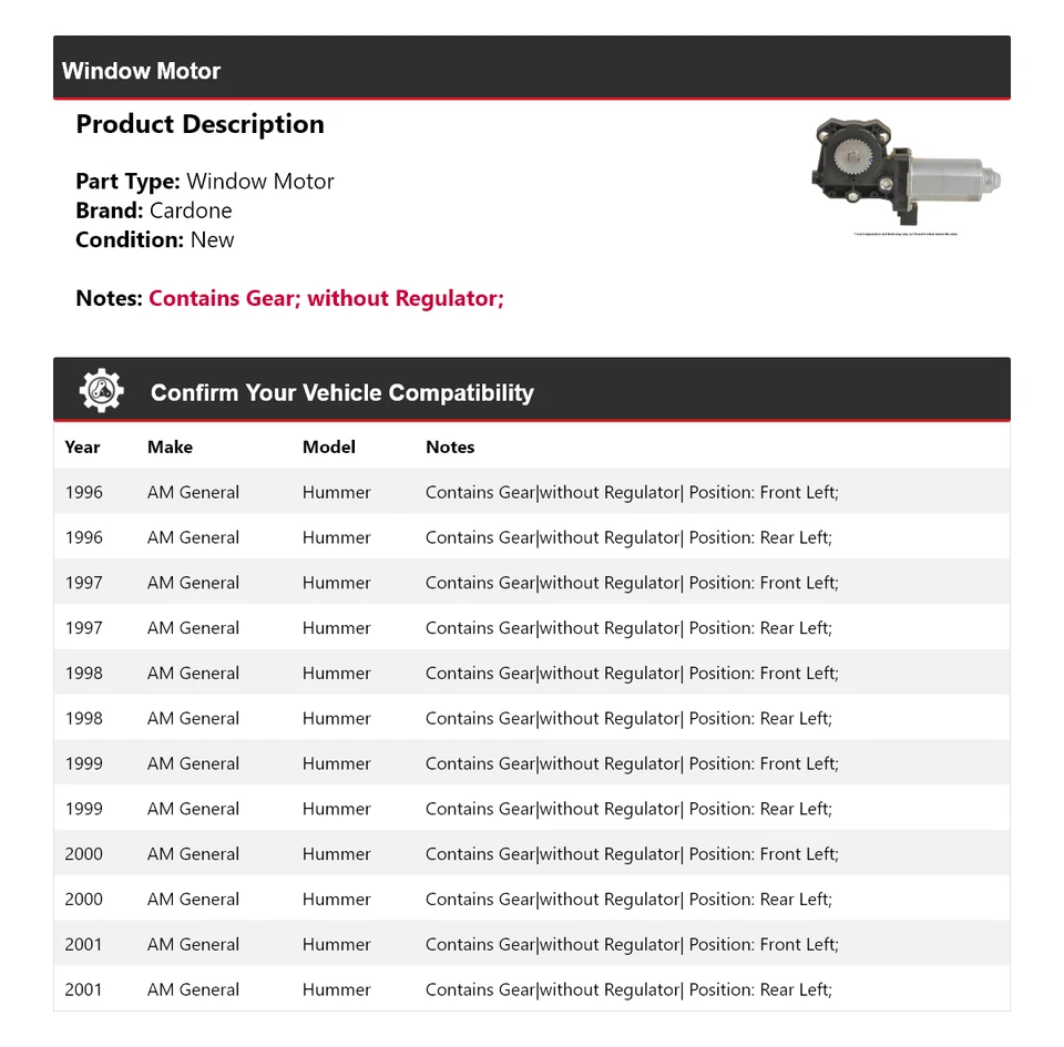 Para 1996-2001 AM General Hummer Ventana Motor Cardone 1997 1998 1999 2000 Foto 2 de 4