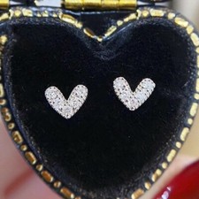 Cute New Silver Plated Small Clear Crystal CZ Accent V Shape Heart Stud Earrings