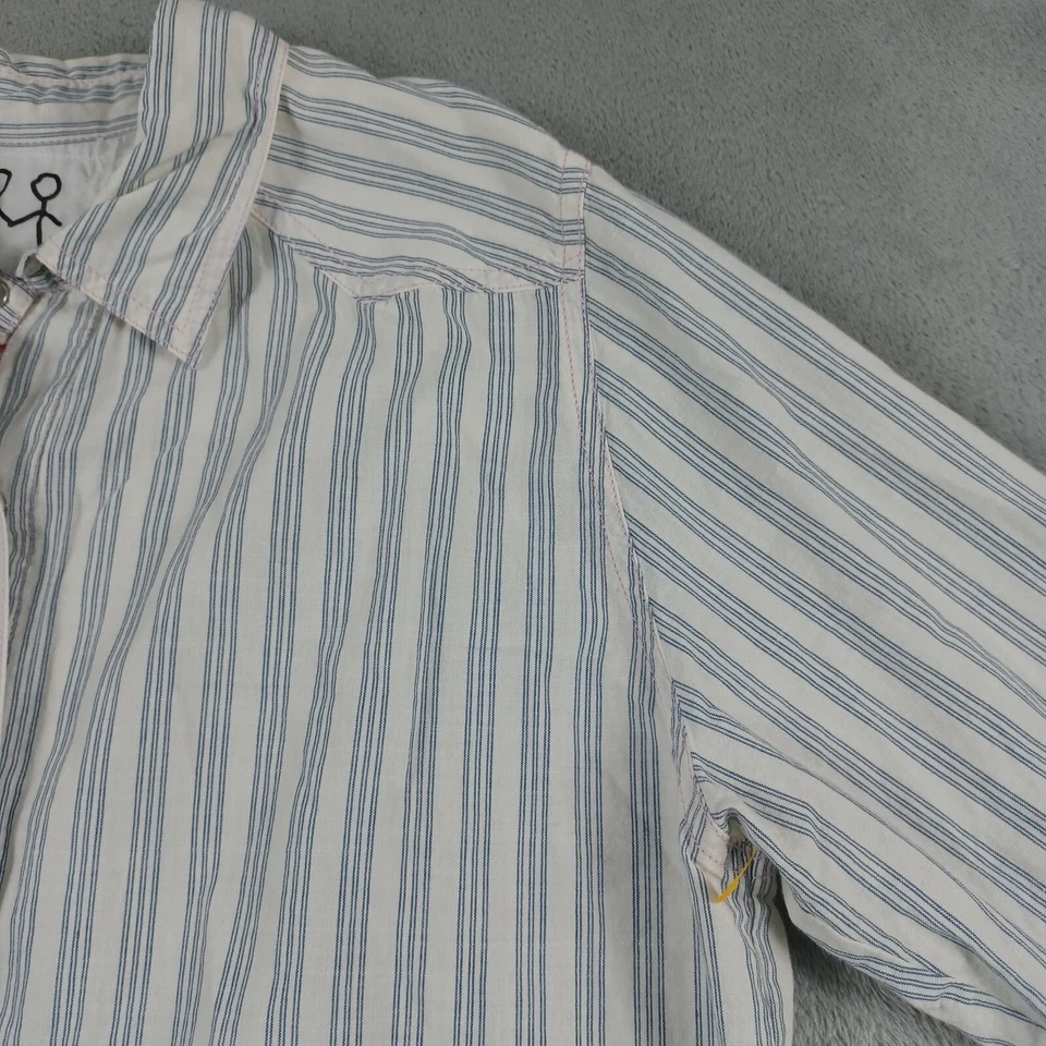 Top Johnny Was Pete Greta Mujer Pequeño Azul Rayas Perla Algodón a Presión Western Foto 3 de 4