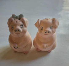 Vintage Anthropomorphic Pink Pigs Ceramic Salt Pepper Shakers 3"
