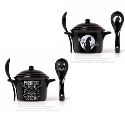 Feline Hungry Purrfect Black Cat Fine Bone China Schüssel, Deckel und Löffel Geschenkset