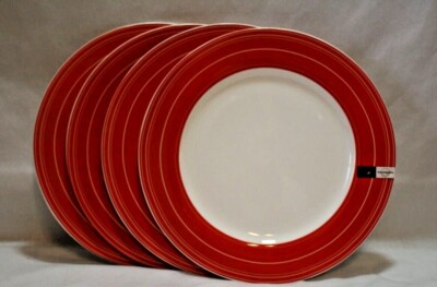 Ciroa Mila Red & White Circular Bands 11'' Dinner Plates Set of Four New