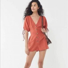 Urban Outfitters Romper S 6 Women Casual Button Down Orange Short Boho NEW 19093