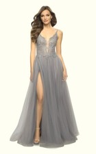 La Femme Silver Floral Embroidered Illusion Plunge Tulle Ballgown Size 6 488