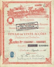 AFRICA MOZAMBIQUE COMPANY  OF ZAMBEZIA  20 SH stock certificate/bond