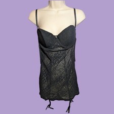 New Fredericks Of Hollywood Seduction Black Lace Garter Chemise Lingerie Set L