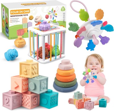 4-in-1 Baby Toys for 6-12 Months, Montessori Soft Stacking Blocks 4 in 1 