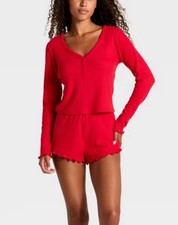 Women's Waffle Long Sleeve Top and Shorts Pajama Set-red size s Wild Fable