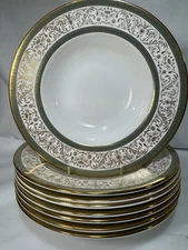 (8) Minton 'Aragon' 8.125 Inch Green w/Gold Filigree RIMMED SOUP BOWLS