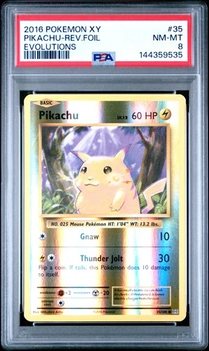 2016 POKEMON XY EVOLUTIONS #35 PIKACHU-REVERSE FOIL PSA 8