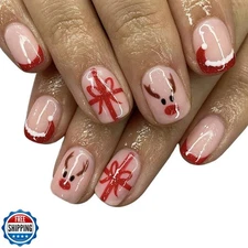Christmas Press on Nails Short Square MABKJLF French Tip Fake Nai