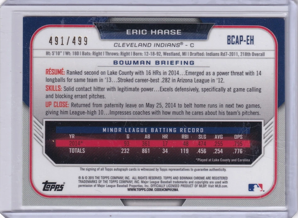 Eric Haase 2015 Bowman Chrome Refractor Prospect Rc On Card Auto (491/499) - Image 2 of 2