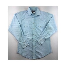 Wrangler Mens M Light Blue Pearl Snap Western Shirt Striped Cowboy Rodeo Pockets