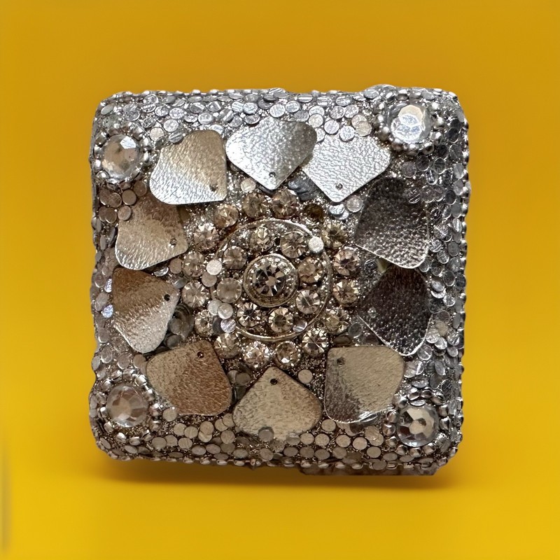 TRINKET BOX JEWEL LUXURY METAL SQUARE SILVER BEADED RHINESTONE CRYSTAL FANCY