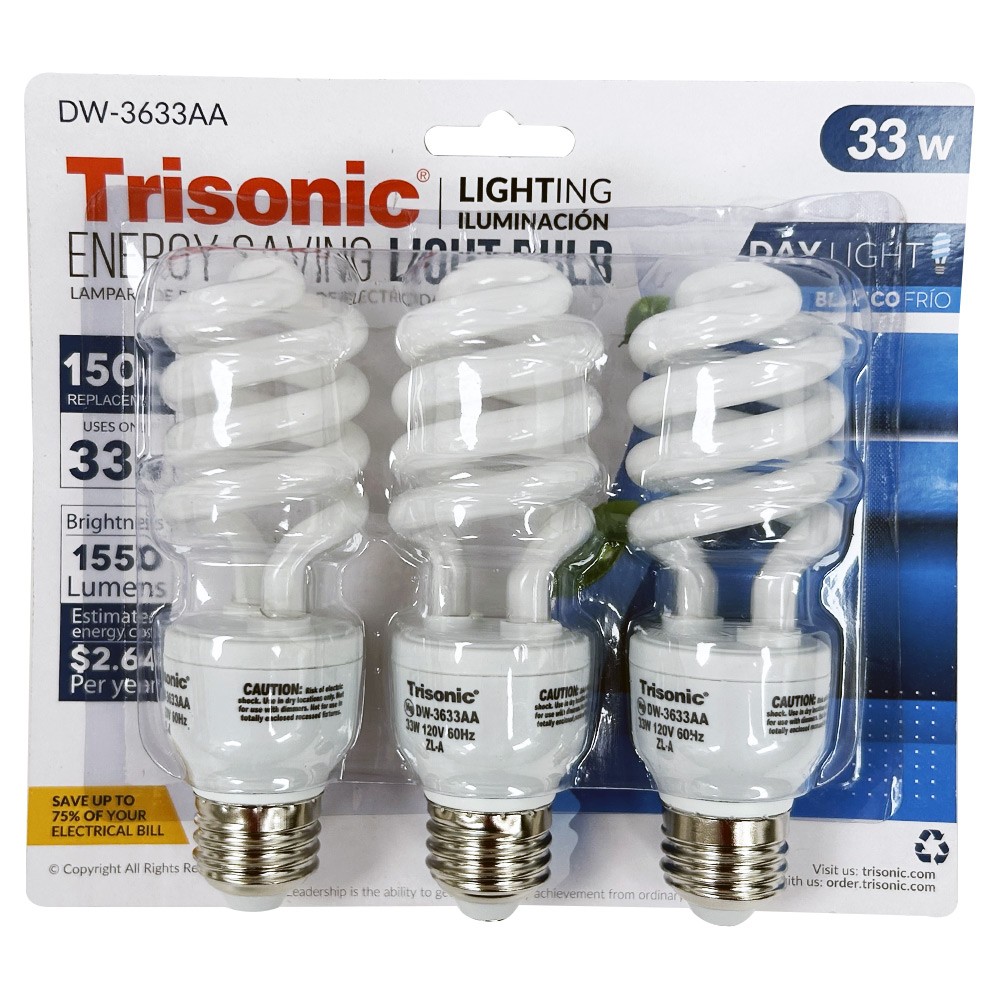 3 Pack Daylight Bulb Light 33 W Energy 150 Watt Output White Compact Fluorescent