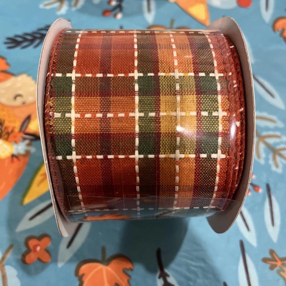 (2) CINTA DE OTOÑO 🎃🍂 CALABAZA Y CUADROS Deluxe Borde con cable 2,5" con x 30 pies L EXCELENTE Foto 3 de 4