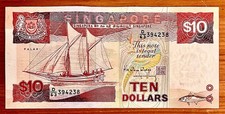 SINGAPORE 10 Dollars 1988 UNC Banknote  P-20 Palari Boat, Fish, Chinese, PP1261G