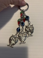 Silver-tone Metal Keychain Trio Textured Owl Charms W/ Blue Evil Eyes Red Chili