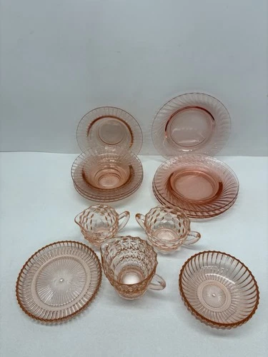 Set 13 Pink Depression Glass Etched Cut Art Deco Design Desert & Salad Dish Cups
